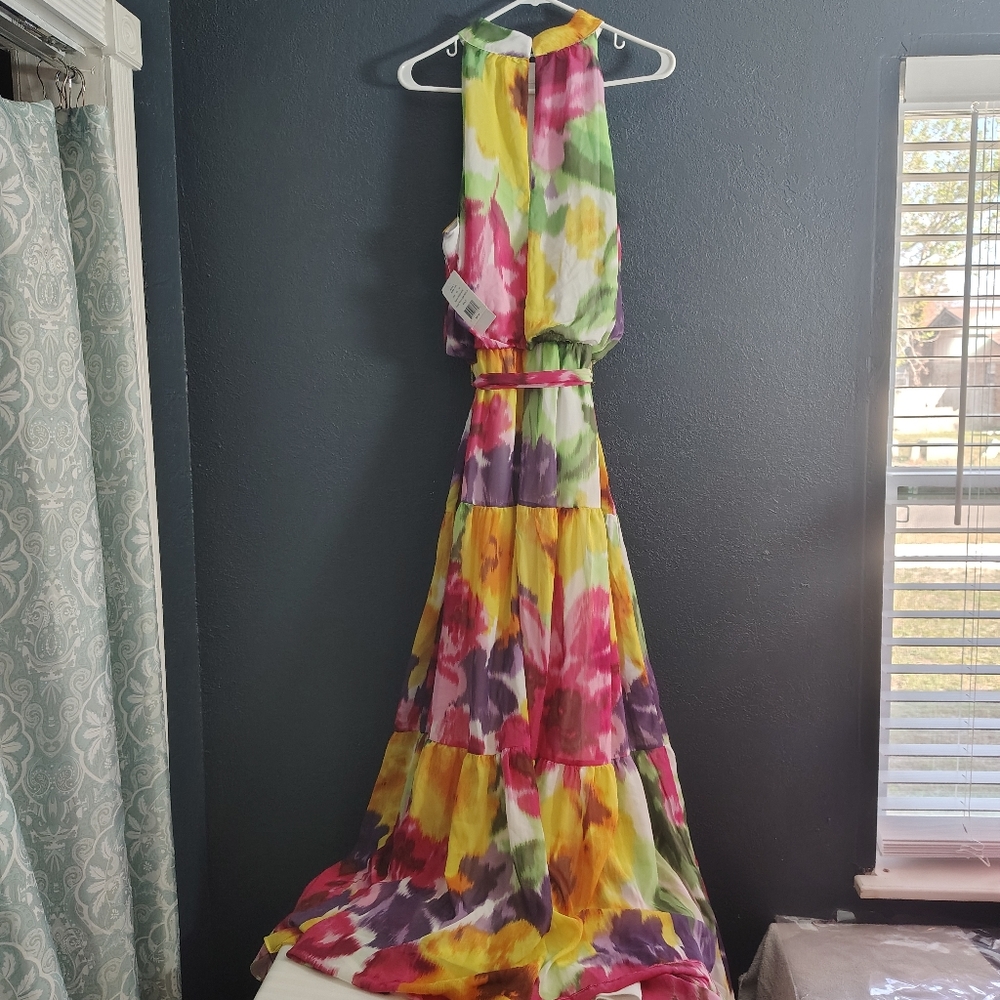 Donna Ricco Colorful Floral High Neck Line Sleeveless Tiered  Dress - Picture 14 of 14